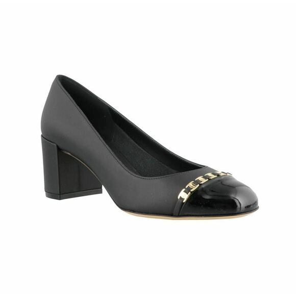 FERRAGAMO AVELLA BLACK LEATHER GOLD GANCINI CHAIN PATENT CAP TOE